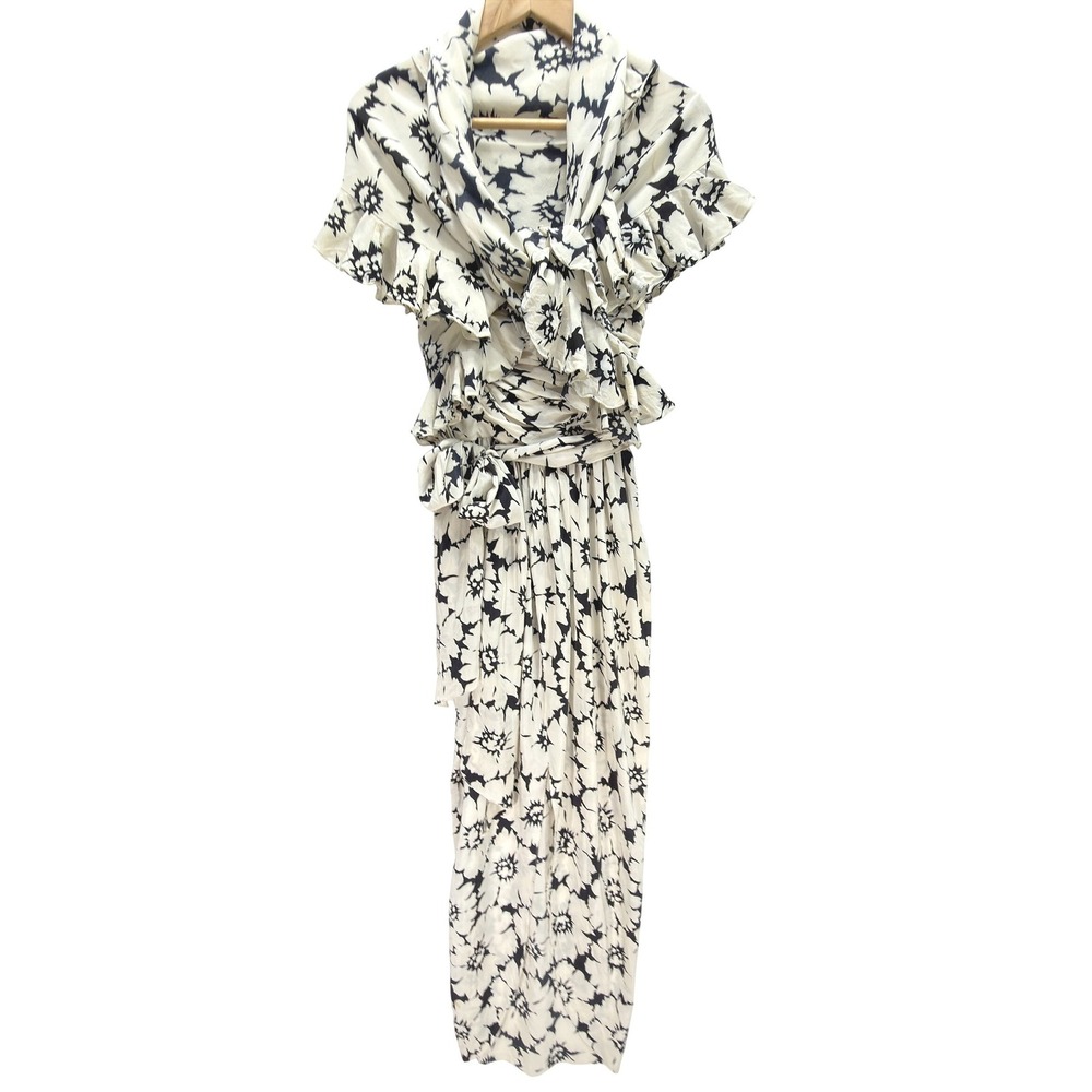 Oscar de la Renta Silk Strapless Floral Maxi Dress Scarf 6 Black White Vintage - Picture 5 of 15